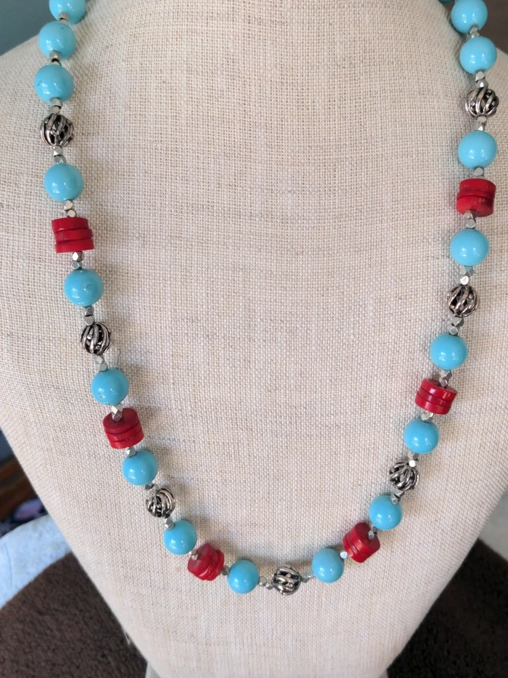 Turquoise Hued Blue & Red Coral  Bead Necklace , 25